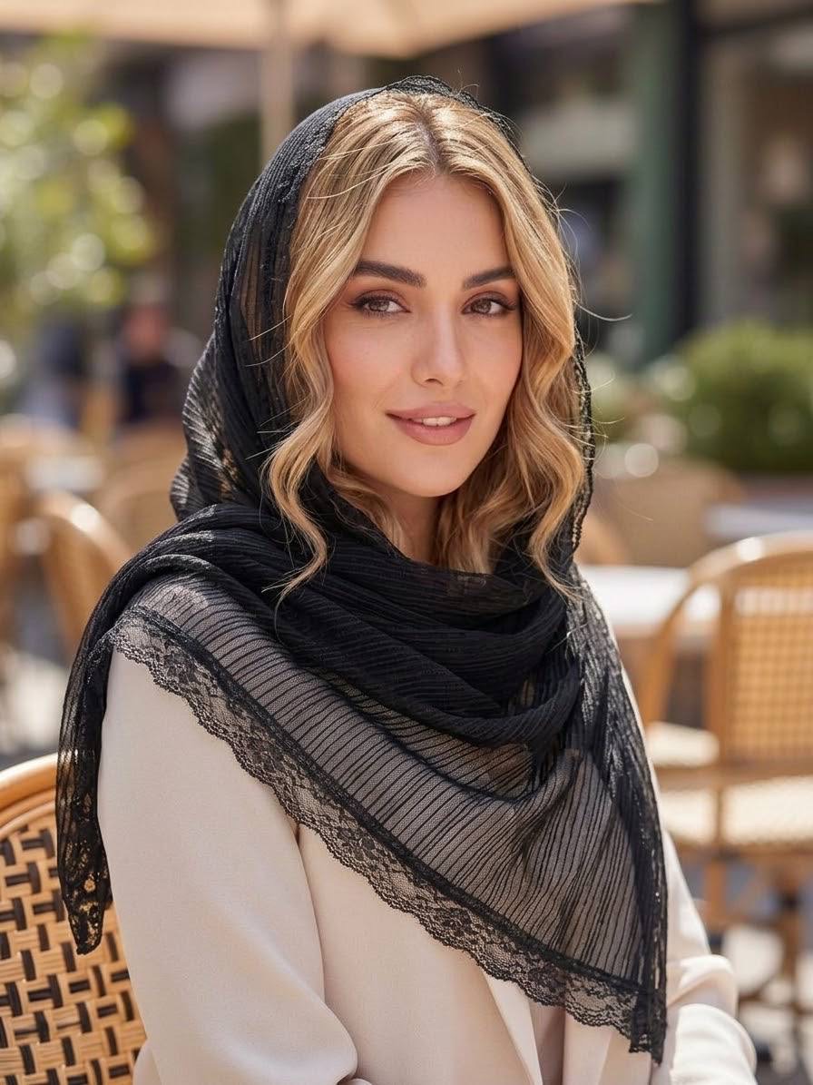 شال مشکی حریر نخ دور دانتل