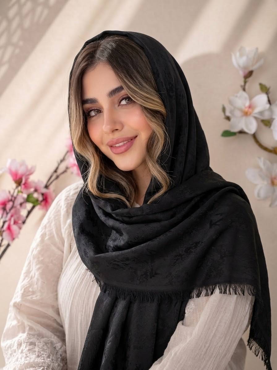 شال مشکی ژاکارد نخی دورو